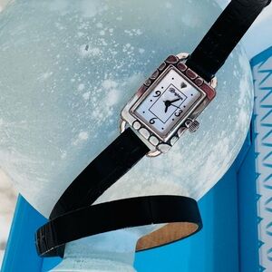 Brighton Vintage wrap around black Leather Strap Watch with Silver Accents